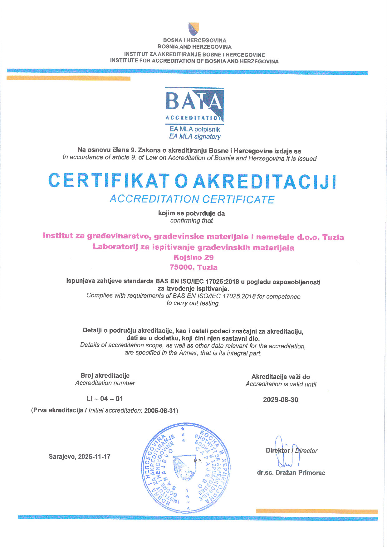 Certifikat o akreditaciji BAS EN ISO/IEC 17025:2018